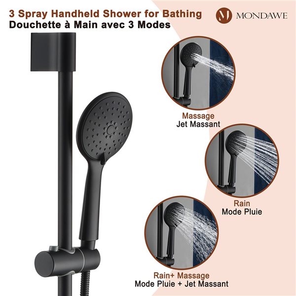 Mondawe 3-Function Wall Mounted Matte Black Rainfall Shower System with Spout