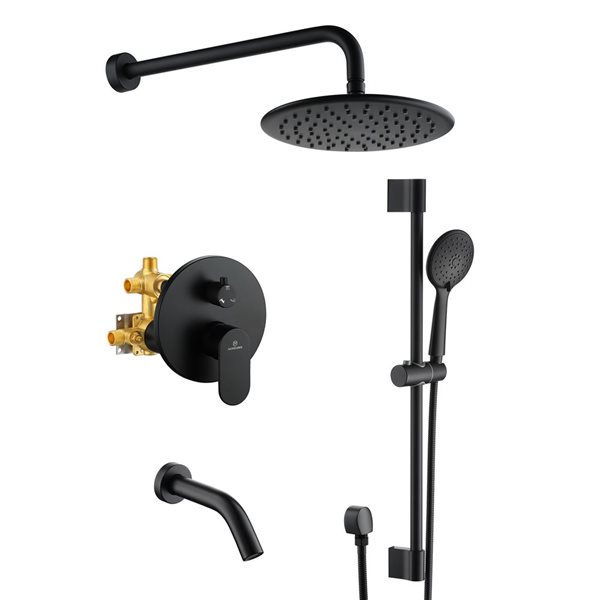 Mondawe 3-Function Wall Mounted Matte Black Rainfall Shower System with Spout