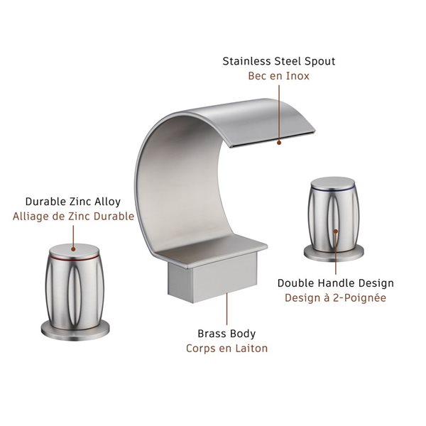 Mondawe Brushed Nickel 2-handle Widespread Arc Waterfall Spout Bathroom Sink Faucet