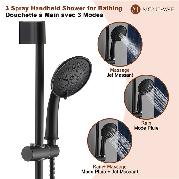 Mondawe 3-Function Wall Mounted Matte Black Built-in Rainfall Shower System with Spout
