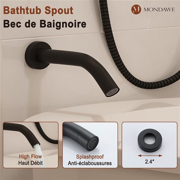 Mondawe 3-Function Wall Mounted Matte Black Built-in Rainfall Shower System with Spout