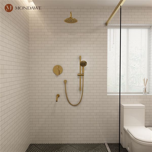 Mondawe 3-Function Wall Mounted Brushed Gold Built-in Rainfall Shower System with Spout