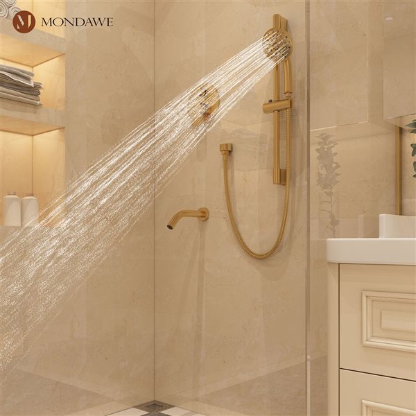 Mondawe 3-Function Wall Mounted Brushed Gold Built-in Rainfall Shower System with Spout