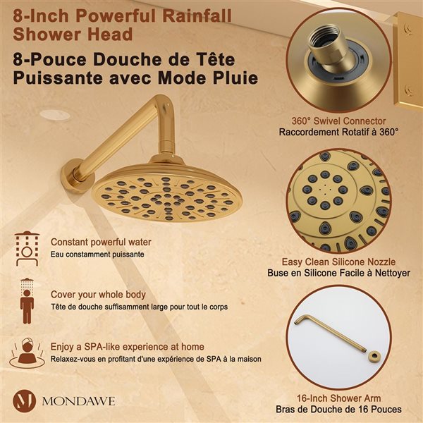 Mondawe 3-Function Wall Mounted Brushed Gold Built-in Rainfall Shower System with Spout