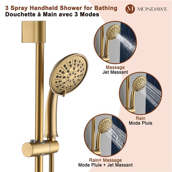 Mondawe 3-Function Wall Mounted Brushed Gold Built-in Rainfall Shower System with Spout