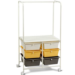 Costway 6-Drawer Rolling Storage Cart with Hanging Bar - Yellow