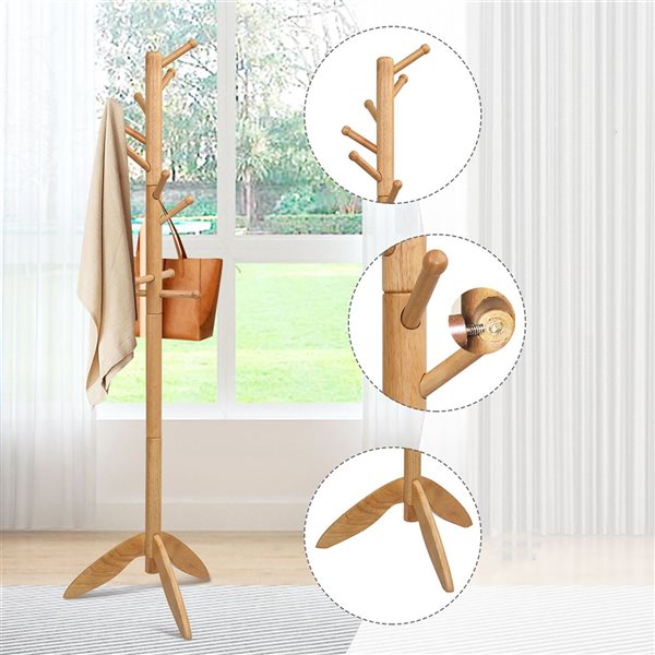 Costway Wooden Coat Rack 2 Heights And 11 Hooks - Oak Hw65613na 