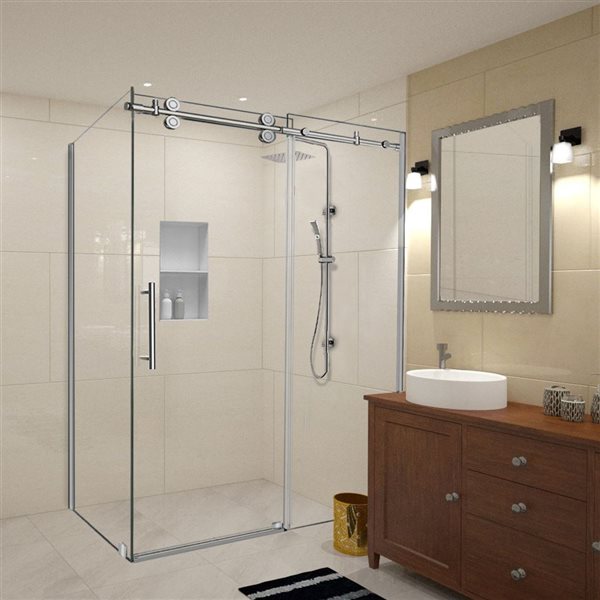 Porte de douche pour coin Vertiges de Turin coulissante sans cadre 72 x 40 x 75 po, verre clair, nickel