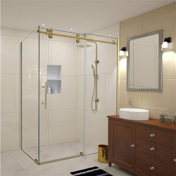 Turin Vertiges 48 x 32 x 75-in Semi-Frameless Sliding Corner Shower Door with Clear Glass - Brass