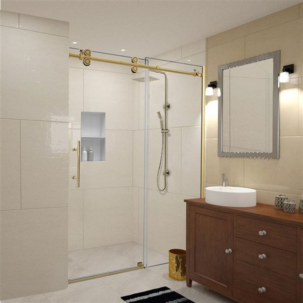 Porte de douche pour alcôve Horizon de Turin coulissante sans cadre 60 x 75 po, verre clair, laiton