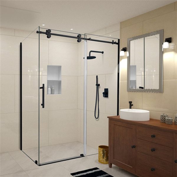 Porte de douche pour coin Vertiges de Turin coulissante sans cadre 48 x 36 x 75 po, verre clair, bronze huilé