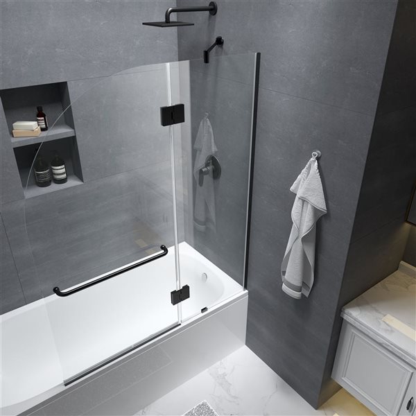 Felyl 58-in H X 48-in W Frameless Hinged Bathtub Door - Black Handle