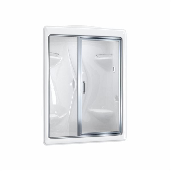 Ensemble de douche à vapeur blanche 36 x 60 x 85,25 po Paro de Maax, porte chromée, siège à droite