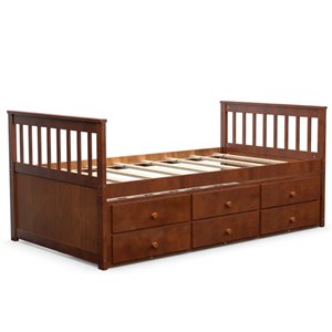 Costway Walnut Twin Captain Bed with Storage