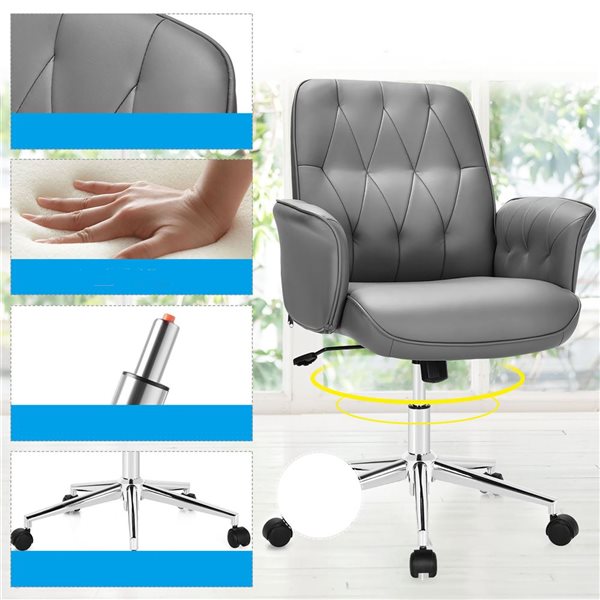 Costway Grey PU Leather Ergonomic Adjustable Height Swivel Office Chair