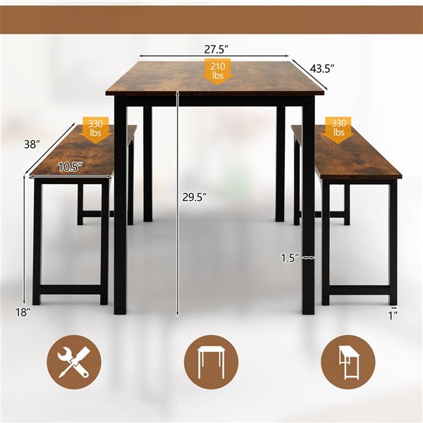 Costway Coffee and Black Dining Table Set - 3 -Piece