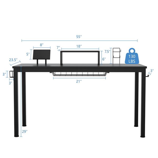 Costway 55-in Black Computer Desk with Cup Holder and Headphone Hook