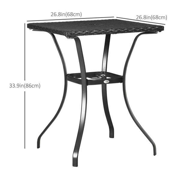 Table à manger carrée extérieure en rotin Outsunny 26,8 po l x 26,8 po L avec trou pour parasol, noire