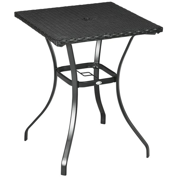 Table à manger carrée extérieure en rotin Outsunny 26,8 po l x 26,8 po L avec trou pour parasol, noire