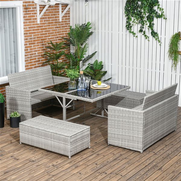 Outsunny 5-Piece Rattan Patio Dining Set Wicker Table - Loveseat - Ottoman