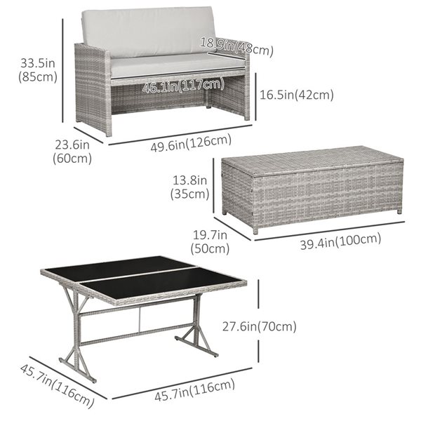 Outsunny 5-Piece Rattan Patio Dining Set Wicker Table - Loveseat - Ottoman