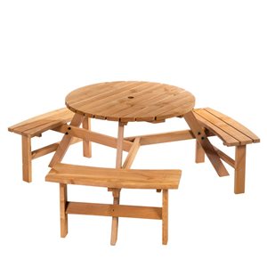 Outsunny 6 Persons Fire Wood Parasol Table Bench Set Outdoor Garden Patio Dining
