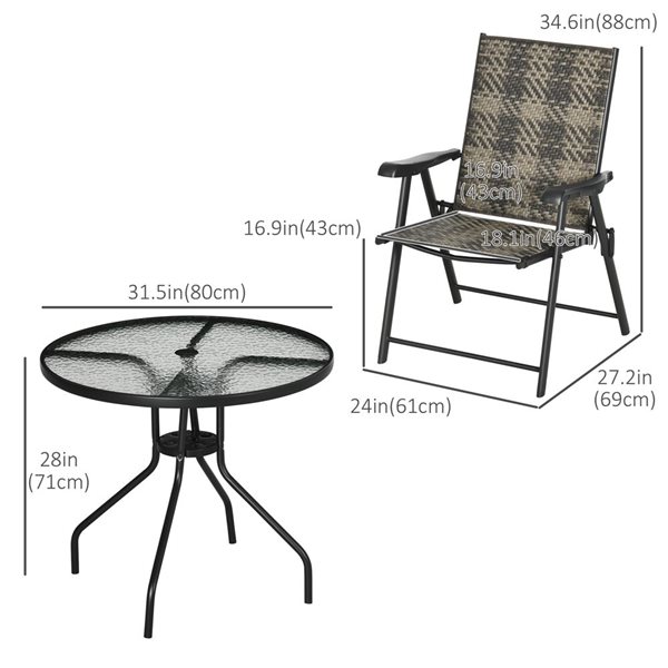 Outsunny Patio Dining Set 31.5in Glass Top Table with Umbrella Hole