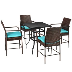 Outsunny 5-Piece Wicker Patio Bar Table Set with Umbrella Hole Brown