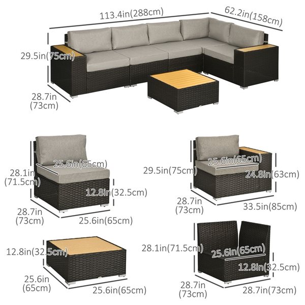 Ensemble de causeuse d'extérieur avec 5 coussins inclus Outsunny Rattan 5 morceaux structure de métal