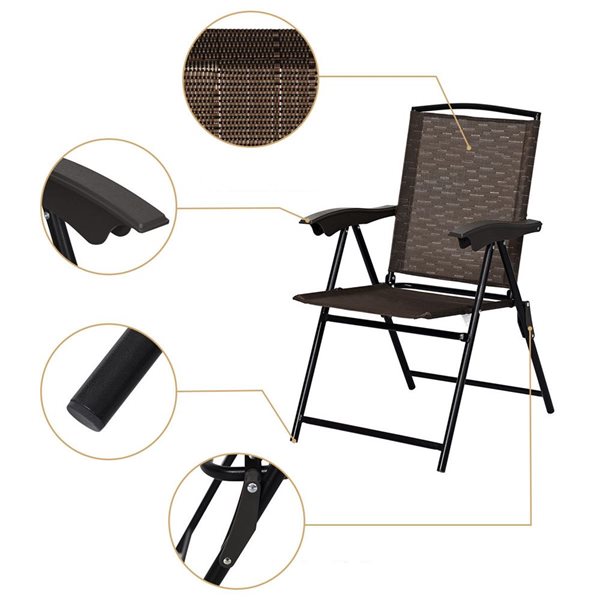 Costway Outdoor Folding Sling Chairs Armrest Adjustable Back Brown 4-pcs