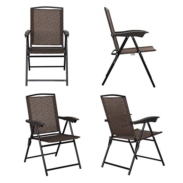 Costway Outdoor Folding Sling Chairs Armrest Adjustable Back Brown 4-pcs