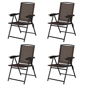 Costway Outdoor Folding Sling Chairs Armrest Adjustable Back Brown 4-pcs