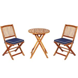 Costway Patio Folding Wooden Bistro Set Cushioned Chair Navy 3-pcs