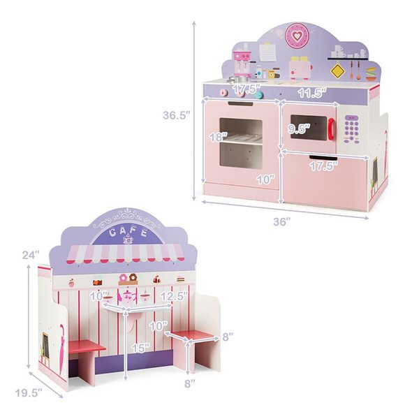 Costway 2 in 1 Kids Play Kitchen & Cafe Restaurant Wooden Pink