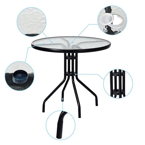 Costway Outdoor Round Patio Table Tempered Glass and Black Steel 32-in