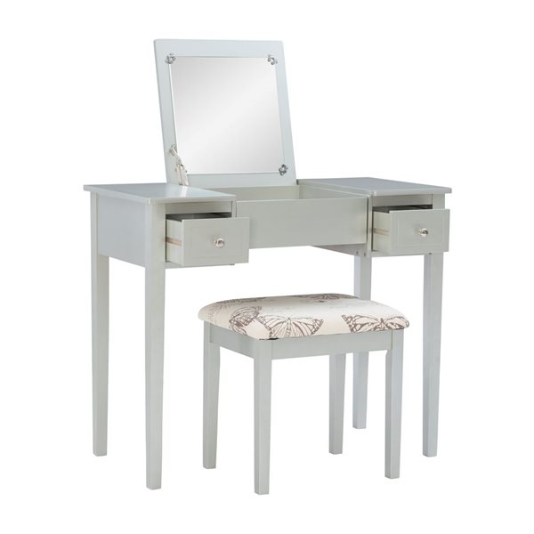 Coiffeuse Lyndale Butterfly de 36 po avec tabouret Linon Home Decor, argent