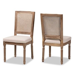 Baxton Studio Louane Beige and Antique Brown Polyester Upholstered Side Chair with Wood Frame - Set of 2