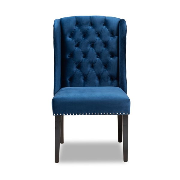 Baxton Studio Lamont Navy Blue Velvet Upholstered Wingback Chair with Dark Brown Wood Frame