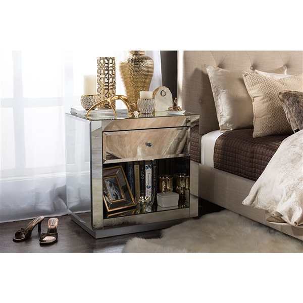 Baxton Studio Rochadh Silver Mirrored 1 Drawer Nightstand 6740 LWC