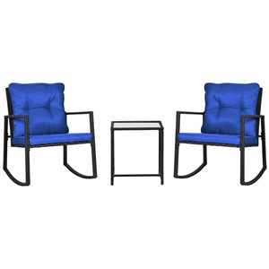 Ensemble de chaises berçantes d'extérieur Outsunny noires avec table et coussins bleus, 3 pièces