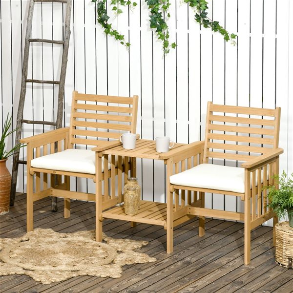 Outsunny 26in x 35in Brown Garden Table and Chairs Set with OffWhite