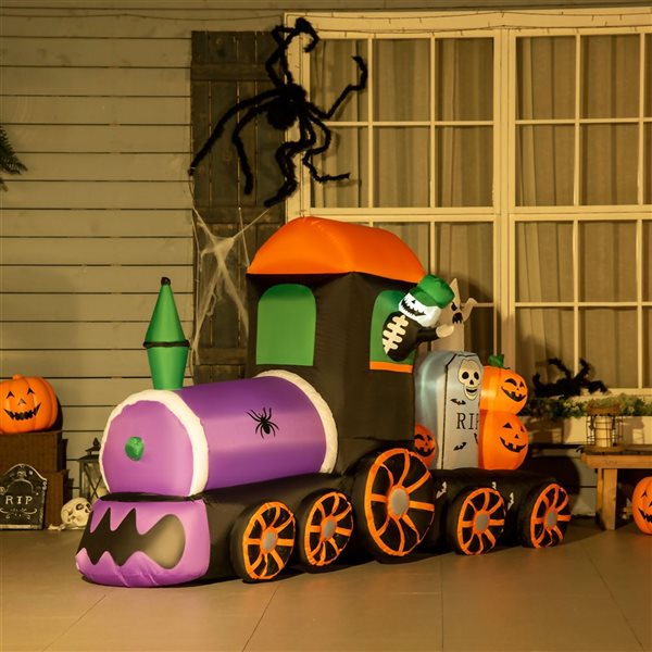 HOMCOM 4.59-ft x 8.04-ft Skeleton Ride Train Halloween Inflatable with LED Lights