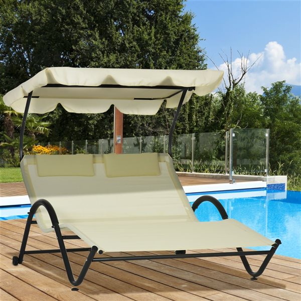 Outsunny Grey/Beige Double Lounge Chaise with Sunshade Roof