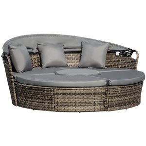 Outsunny 4-Piece Rattan Outdoor Round Sofa Bed Set with Grey Cushions