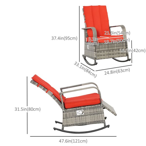 Outsunny Brown Rattan Recliner Rocking Chair with Red Cushions