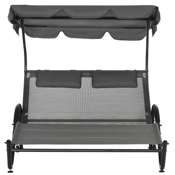 Outsunny Chaise Longue Double à Bascule Avec Toit Solaire - Transat Patio 2 Personnes Ergonomique Avec Roues, Noir