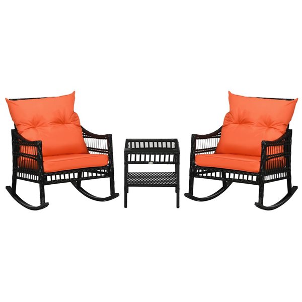 Outsunny 3-Piece Black Rattan Rocking Chair Set with Table and Red ...