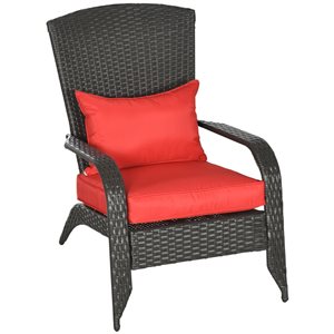 Outsunny Brown Rattan Adirondack Chair with Red Cushions