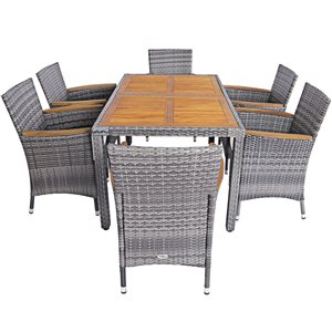 Costway 7-Piece Patio Rattan Dining Set - Acacia Wood Table Cushioned Chair - Grey