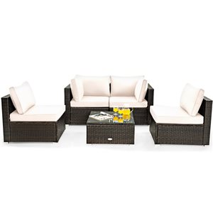 Costway 5-Piece Patio Rattan Furniture Set Cushioned Sofa with Chair Coffee Table - White